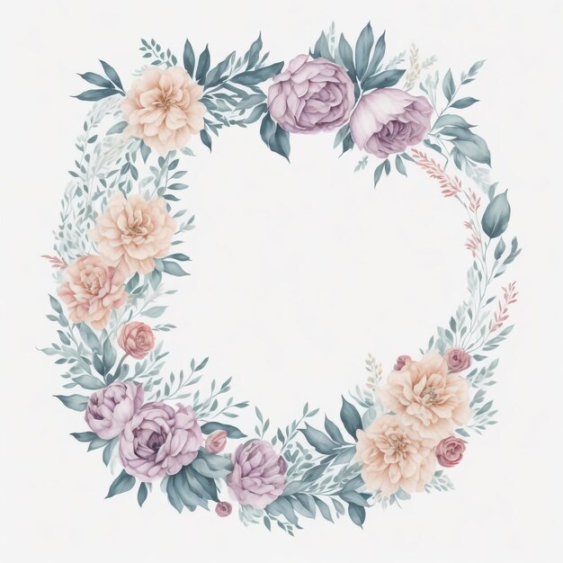Watercolor floral frame Round shape white Background AI generated