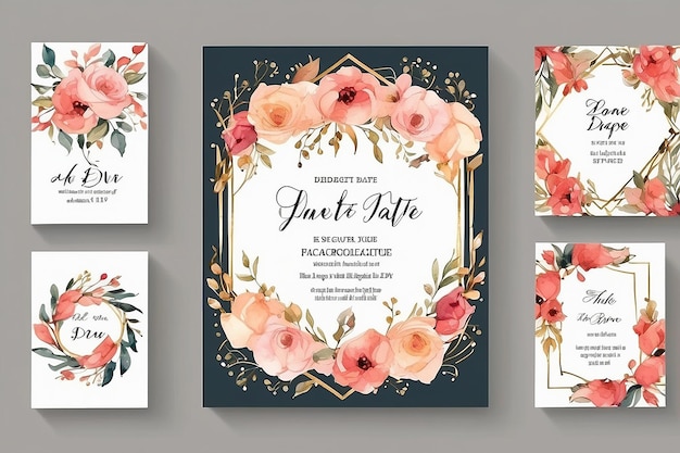 Photo watercolor floral frame wedding invitation cards template with geometric golden frame