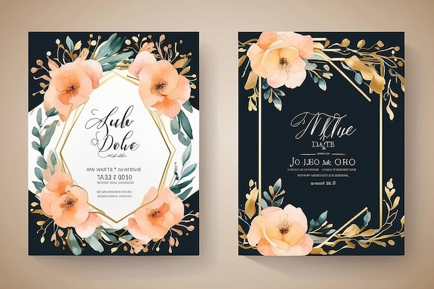 Watercolor Floral Frame Wedding Invitation Cards Template with Geometric Golden Frame