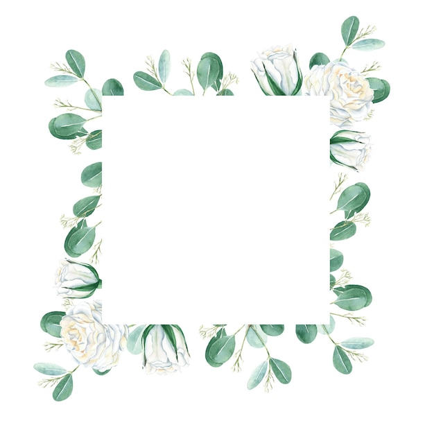 Акварель цветочная рамка белые розы и ветки эвкалипта Ручная рисованная ботаническая иллюстрация