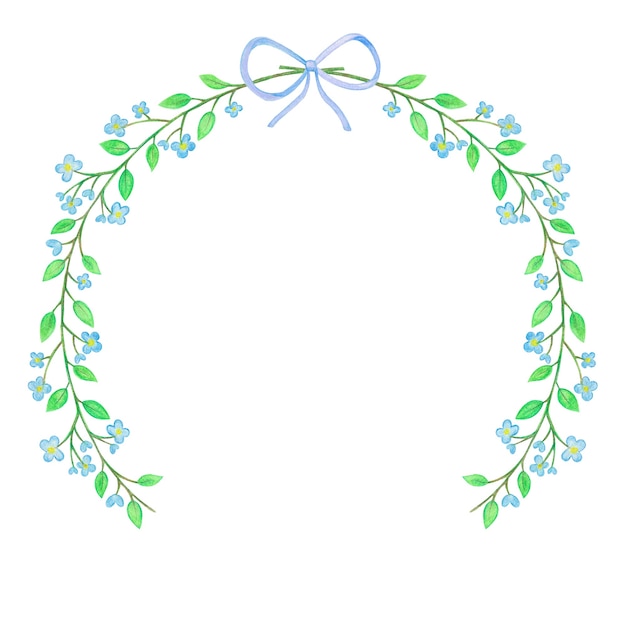 Watercolor floral frame with blue flowers and ribbon