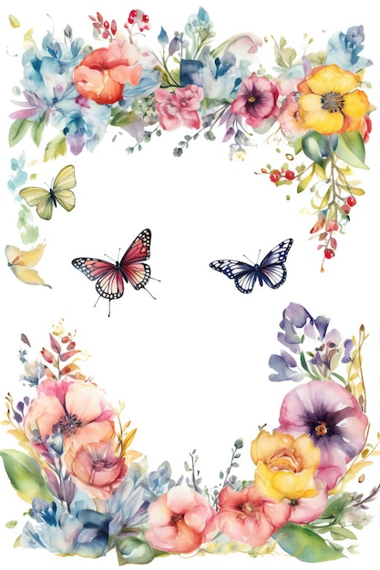 Photo a watercolor floral frame with butterflies and flowers.