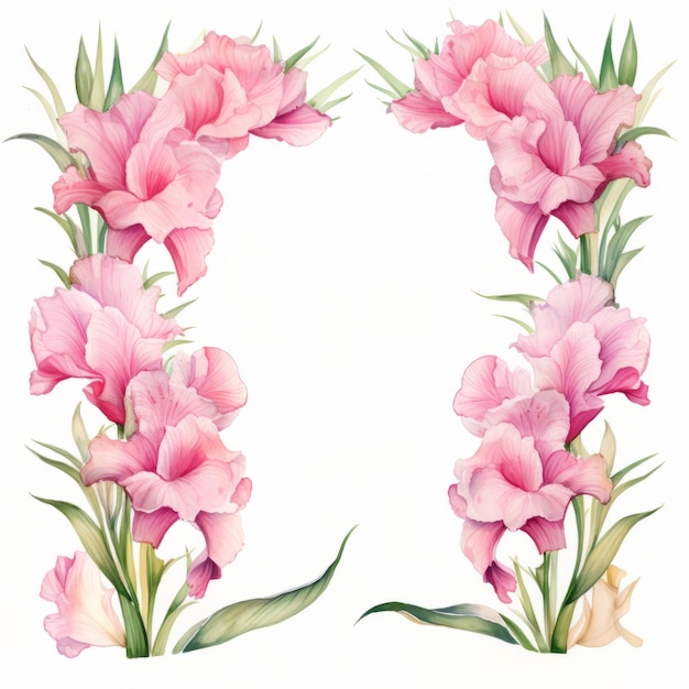 Photo watercolor floral frame with iris and gladiolus on white background