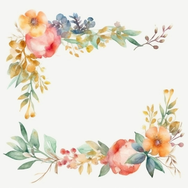 Watercolor floral frame with leaves and flowers generative ai