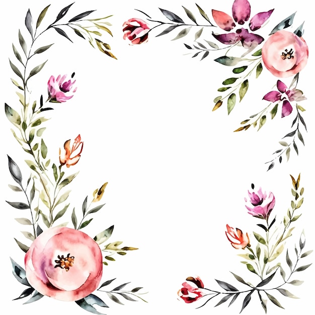Watercolor floral frame with a pink flower and leaves
