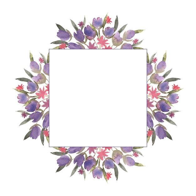 watercolor floral frame with purple pink flowers and green leaves hand drawn illustration