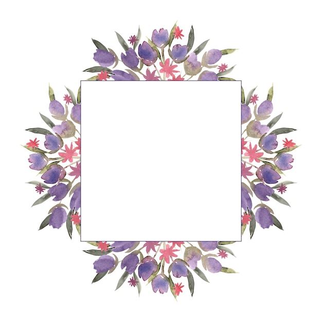 Photo watercolor floral frame with purple pink flowers and green leaves hand drawn illustration