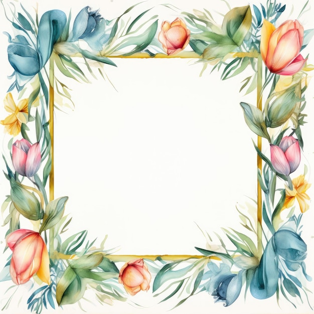 Watercolor Floral Frame With Tulips And Green Leaves Minimalist Tulip Watercolor Frame Square Waterc