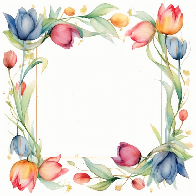 Watercolor Floral Frame With Tulips And Green Leaves Minimalist Tulip Watercolor Frame Square Waterc