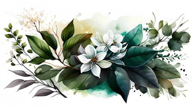 Watercolor floral illustration flowers leaves and branches on a white background