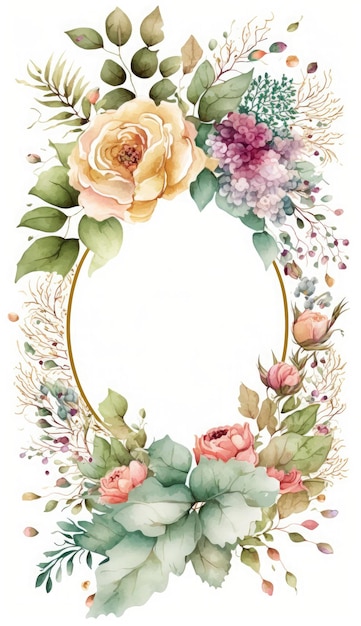 Watercolor floral illustration set bouquets frame border flowers rose peony leaf branches collection Wedding invites wallpapers fashion Eucalyptus olive leaves chamomile Generate Ai