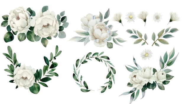 Photo watercolor floral illustration set bouquets and wreaths featuring white flowers and greenery