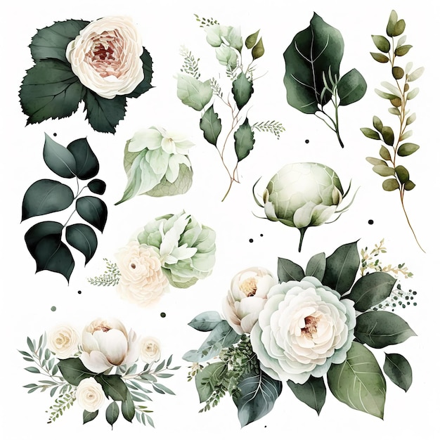 Watercolor floral illustration set White flowers image green leaves collection elements