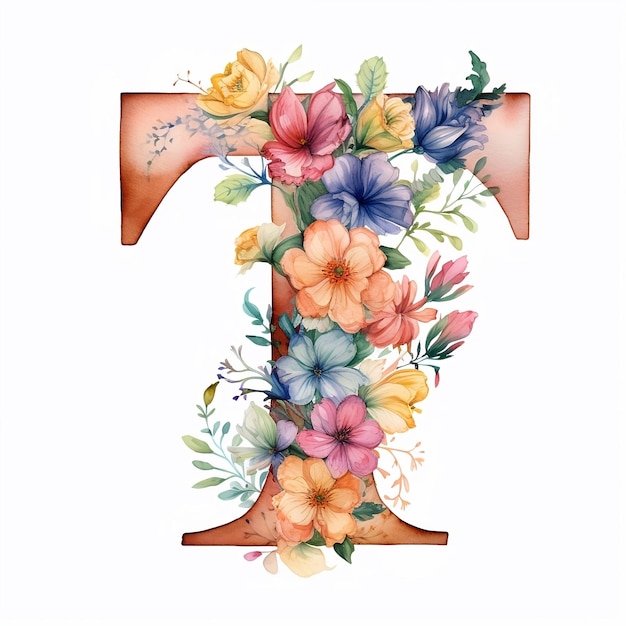 Watercolor floral letter T