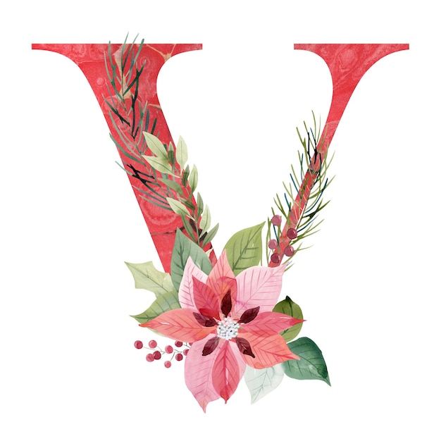 Photo watercolor floral letter v with christmas poinsettia