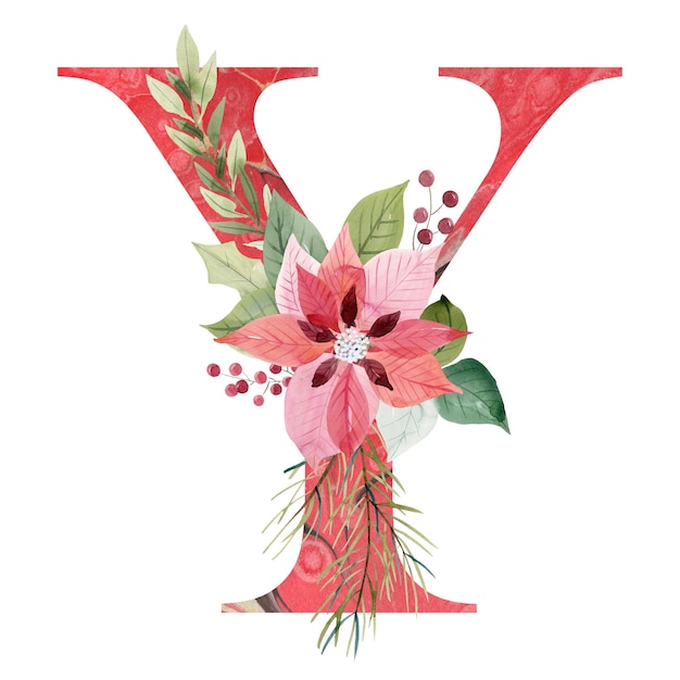 Photo watercolor floral letter y with christmas poinsettia