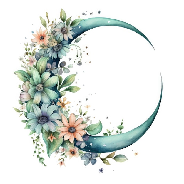 Watercolor floral Moon with greenery on a white background