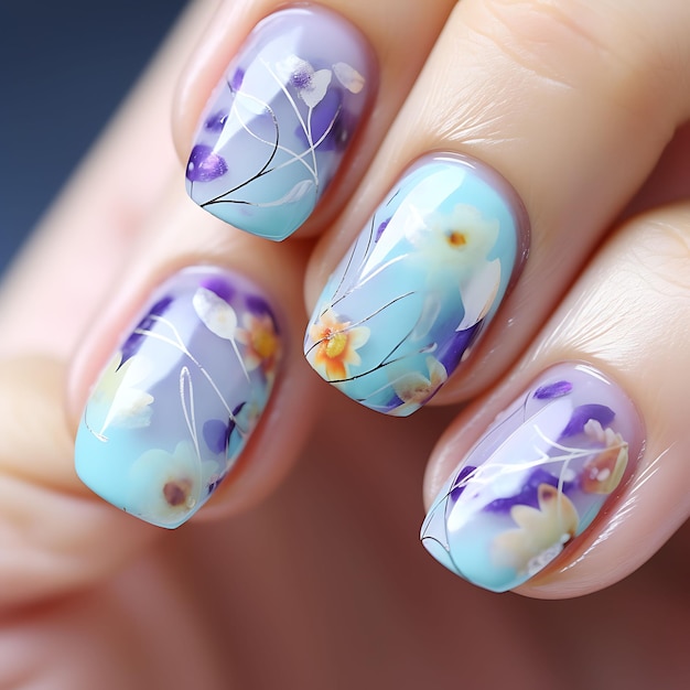 Watercolor Floral Nails Design Soft Pastel Colors Watercolor Concept Idea Creative Art Photoshoot