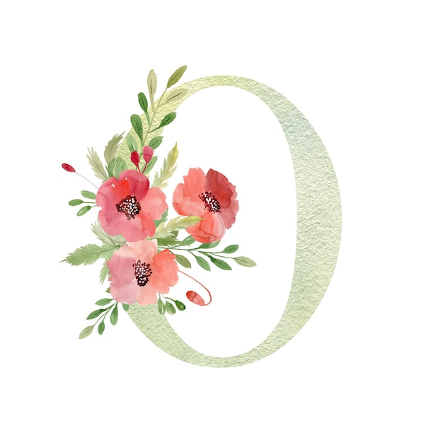 Watercolor floral number 0 with poppies