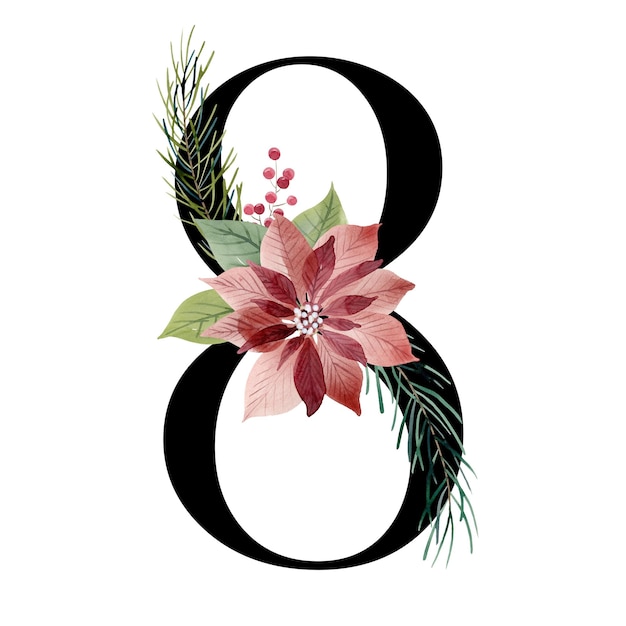 Watercolor floral number 8 with christmas poinsettia