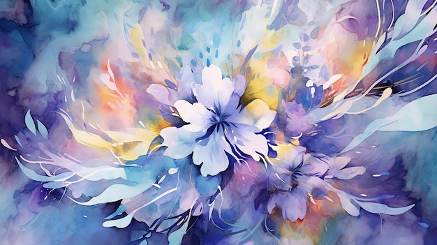 Watercolor floral painting yellow blue and purple Generative AI
