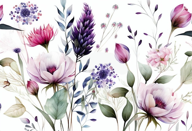 Watercolor floral pattern of meadow flowers by Generative AI