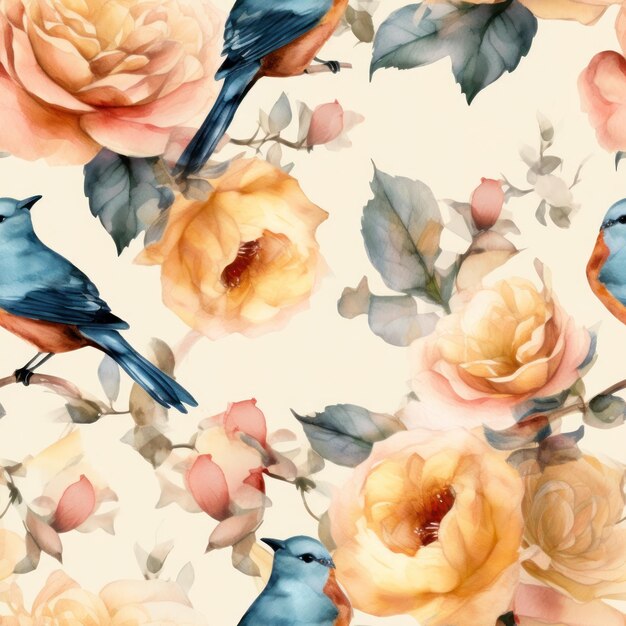 A watercolor floral pattern with birds and roses