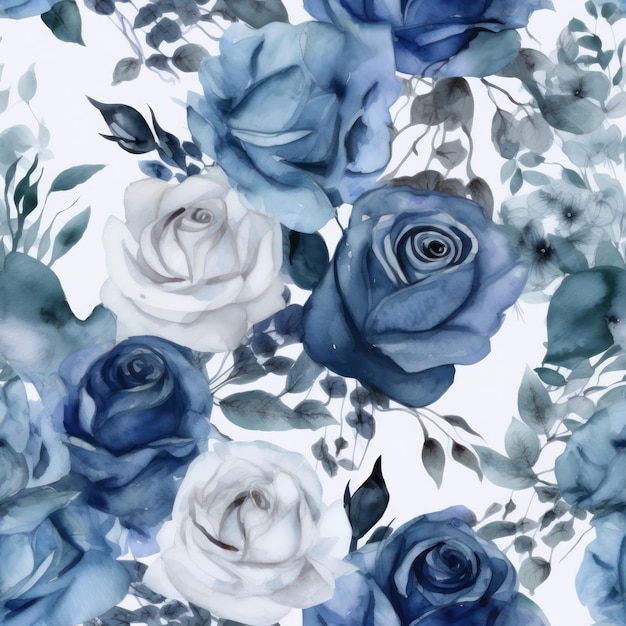 Watercolor floral pattern with blue roses on a white background.