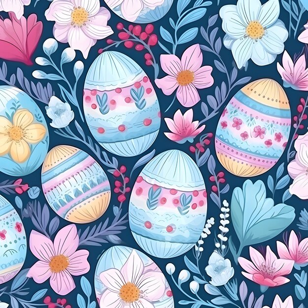 Photo watercolor floral pattern with colorful eggs spring flowers in blue and pink colors easter motif