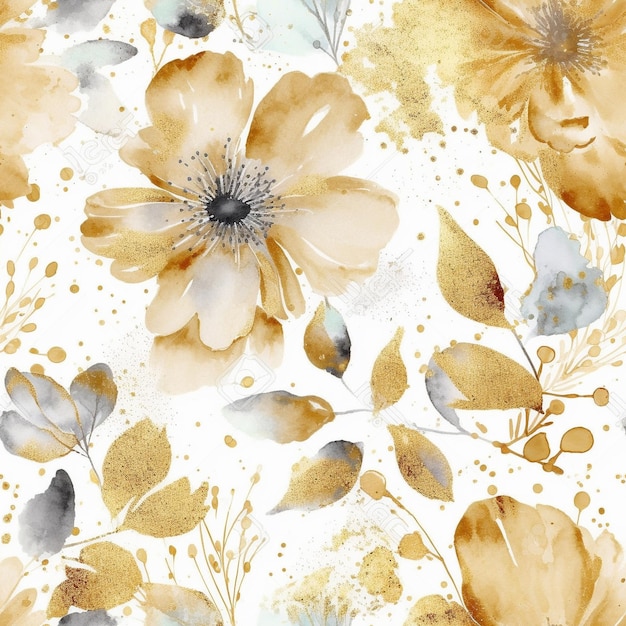 A watercolor floral pattern with gold and silver flowers.