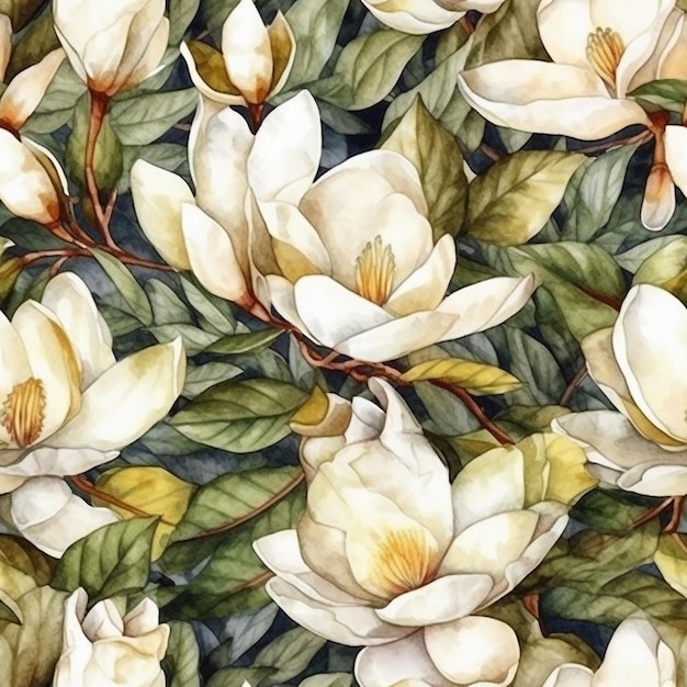 watercolor floral pattern with magnolia flowers