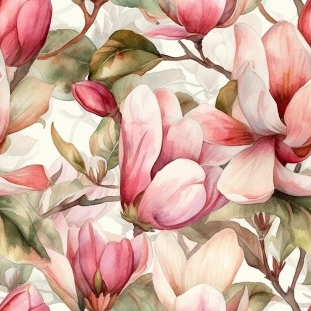 A watercolor floral pattern with magnolia flowers.