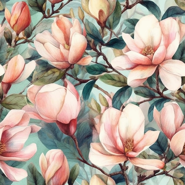 A watercolor floral pattern with magnolia flowers.