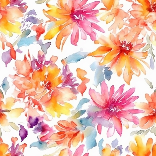 A watercolor floral pattern with pink and orange flowers.