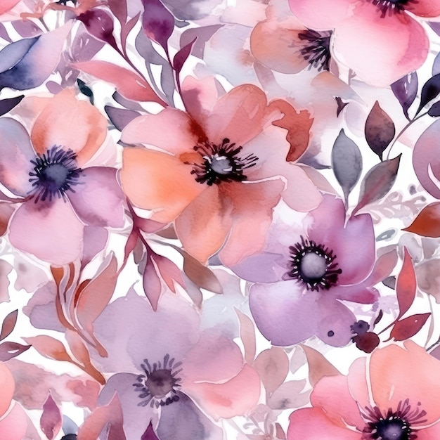 A watercolor floral pattern with pink and purple flowers.