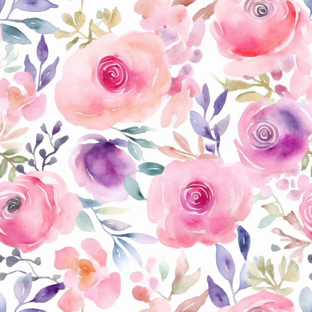 A watercolor floral pattern with pink roses