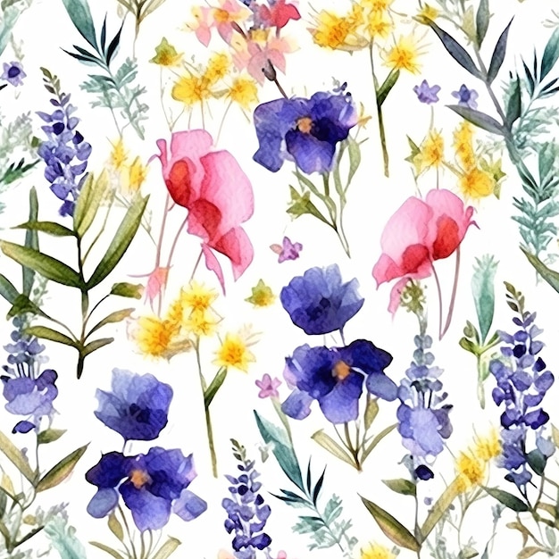 A watercolor floral pattern with purple flowers.