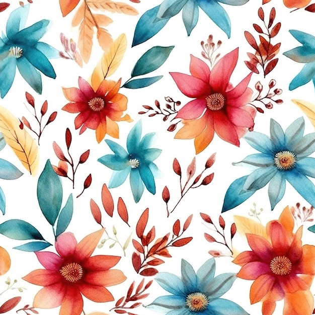 A watercolor floral pattern with red, blue, and orange flowers.