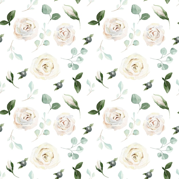 Photo watercolor floral pink roses seamless pattern