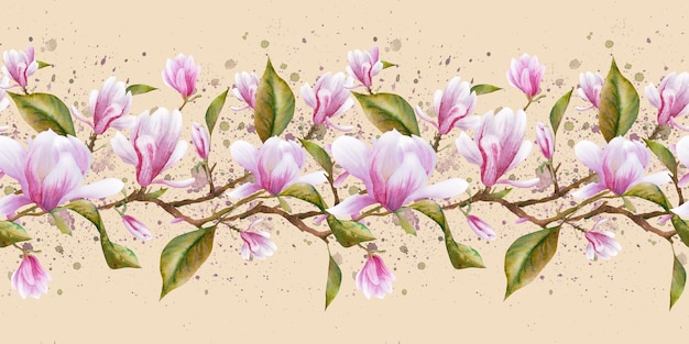 Watercolor floral seamless border with green leaves and twigs with magnolia flowersHand drawn watercolor illustration