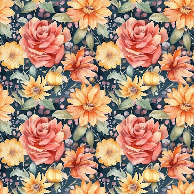 Watercolor floral seamless pattern Flowers leaves bouquet petals Digital paper packaging print