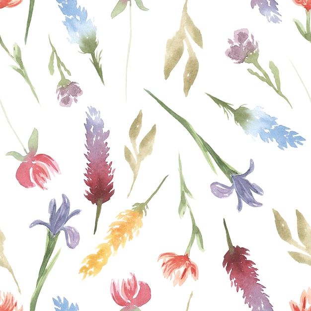 Watercolor floral seamless pattern in vintage rustic style colored garden illustration on white