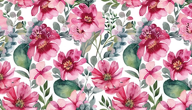 Watercolor floral seamless pattern with flowers and leaves