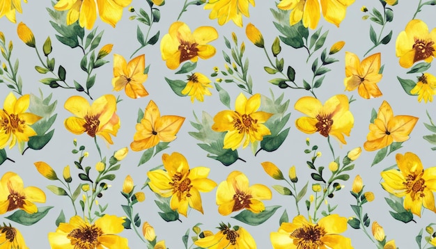 Watercolor floral seamless pattern with flowers and leaves