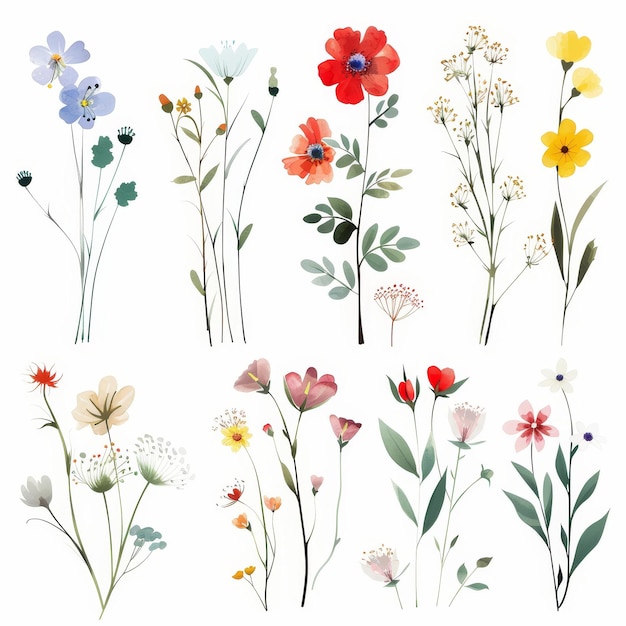 Photo watercolor floral set isolated on white background handdrawn illustration