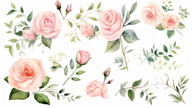 Watercolor floral set with pink peach roses and green leaves