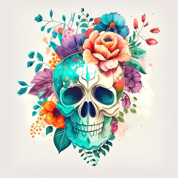 Watercolor Floral skull for Halloween and day of the dead design