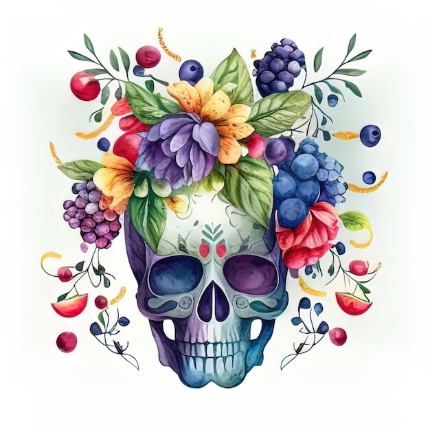 Watercolor Floral skull for Halloween and day of the dead design