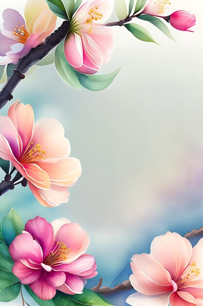 Watercolor floral spring background of cherry blossom