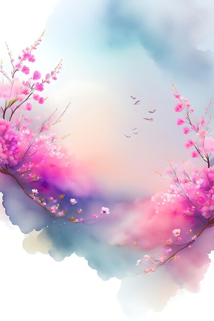 Photo watercolor floral spring background of cherry blossom